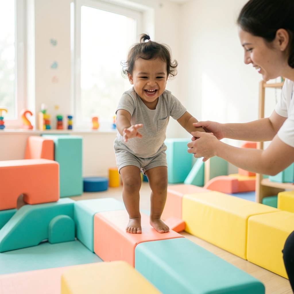 Criança em movimento durante atendimento de Fisioterapia e Psicomotricidade